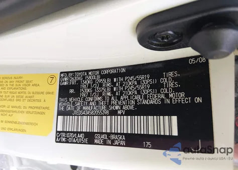 2008 Toyota Highlander Sport z USA, uszkodzony, nr VIN JTEDS43A582055398